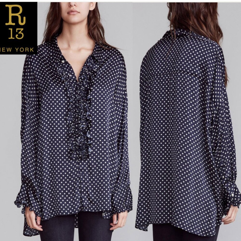 R13 Navy Star Silk Drop Neck Tuxedo Shirt Ruffle Blouse Italian Fabric Small